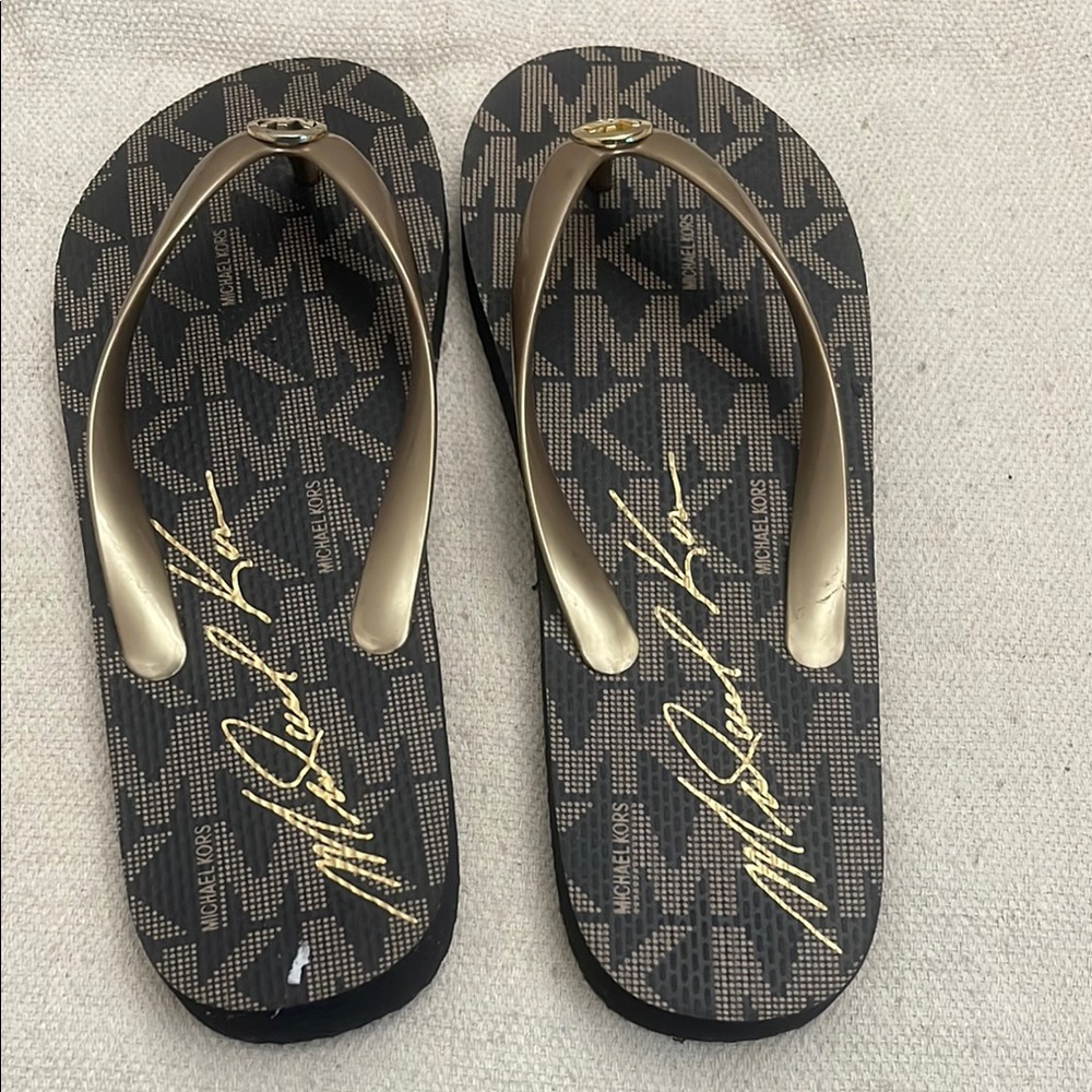 Michael Kors Black and Gold Logo Flip Flops - Picture 3 of 3